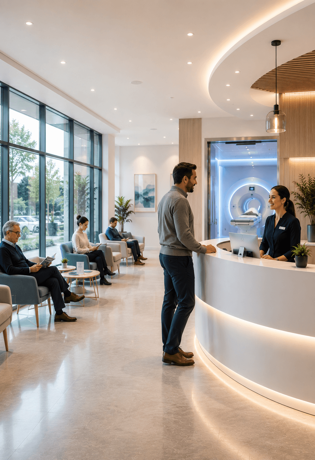Patient being welcomed at a Skannr partner diagnostic centre